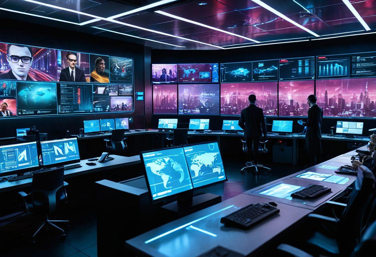 A futuristic newsroom bustling with activity, featuring holographic screens displaying breaking news and live updates, journalists using augmented reality glasses, and sleek digital interfaces. Capture the advanced technology seamlessly integrated into a high-energy environment. cyberpunk. vibrant colors. 3D.