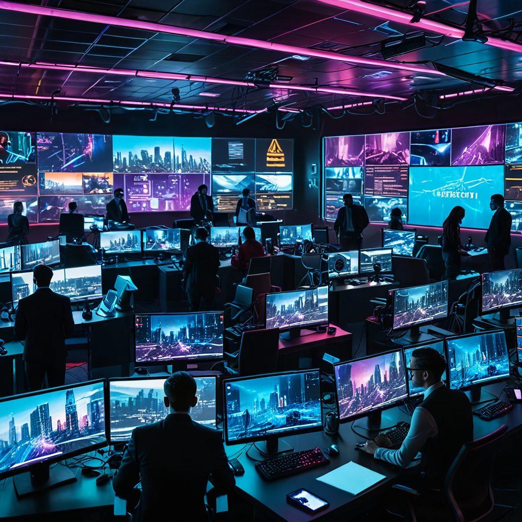 A futuristic newsroom with holographic screens displaying live news updates, a diverse team of journalists working collaboratively, digital devices like tablets and smartphones, and a dynamic cityscape in the background symbolizing real-time happenings. Cyberpunk aesthetic with vibrant neon colors and high-tech elements.