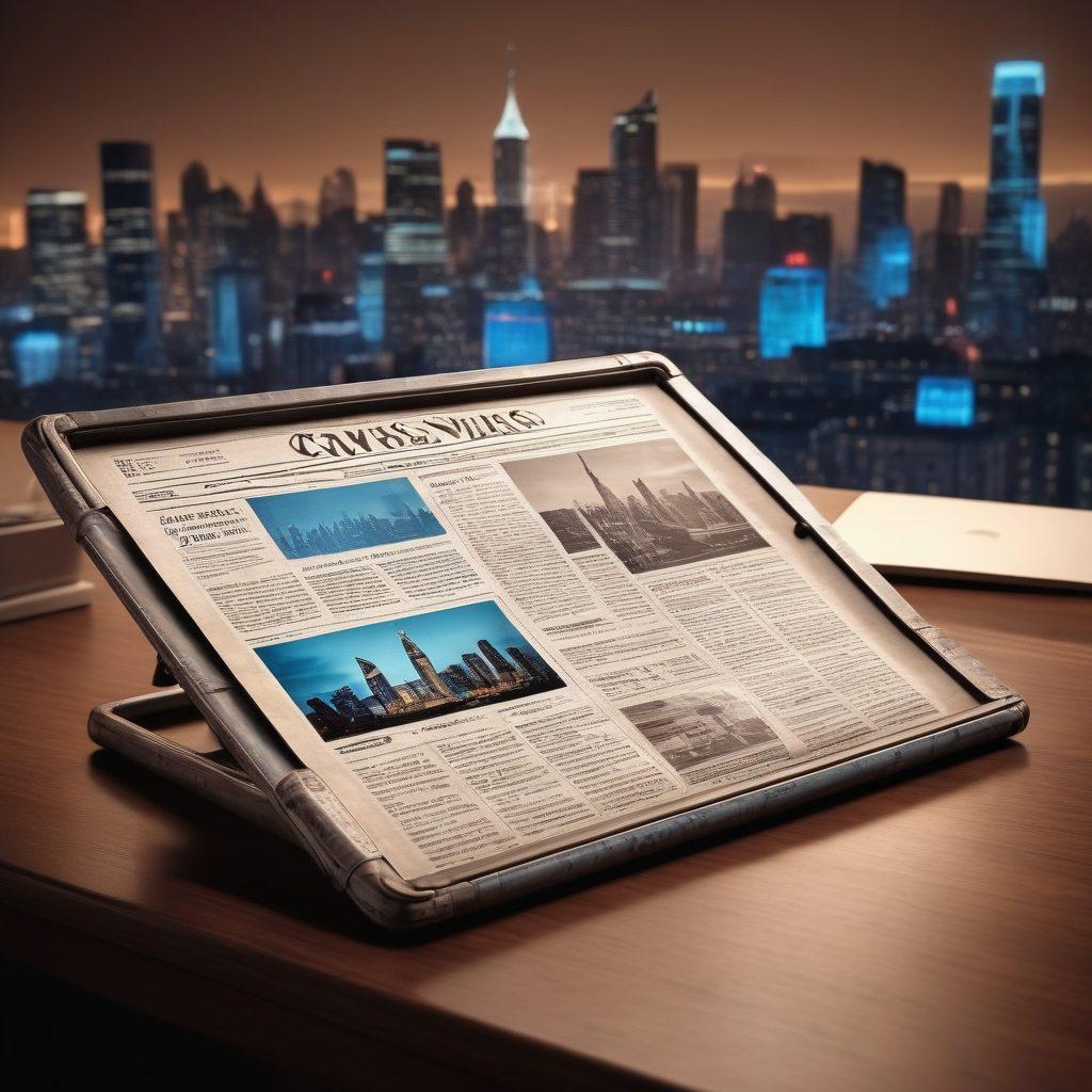 A vintage newspaper transitioning into a digital tablet on a futuristic desk. The tablet shows live news updates with a city's skyline in the background, symbolizing real-time coverage. Blend elements of traditional print press (newspapers, typewriters) with modern journalism tools (laptops, smartphones). Cinematic lighting with a mix of sepia and futuristic neon blue tones. super-realistic. vibrant colors.